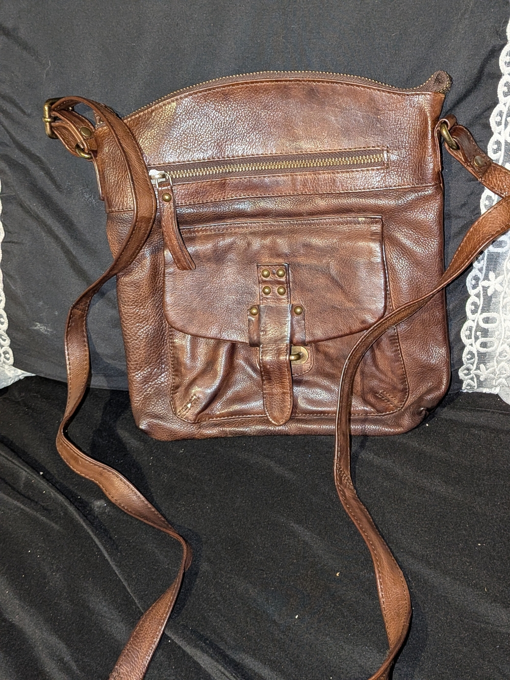 Men's Brown Leather Messenger Bag with Front Pocket and Stud Detail
